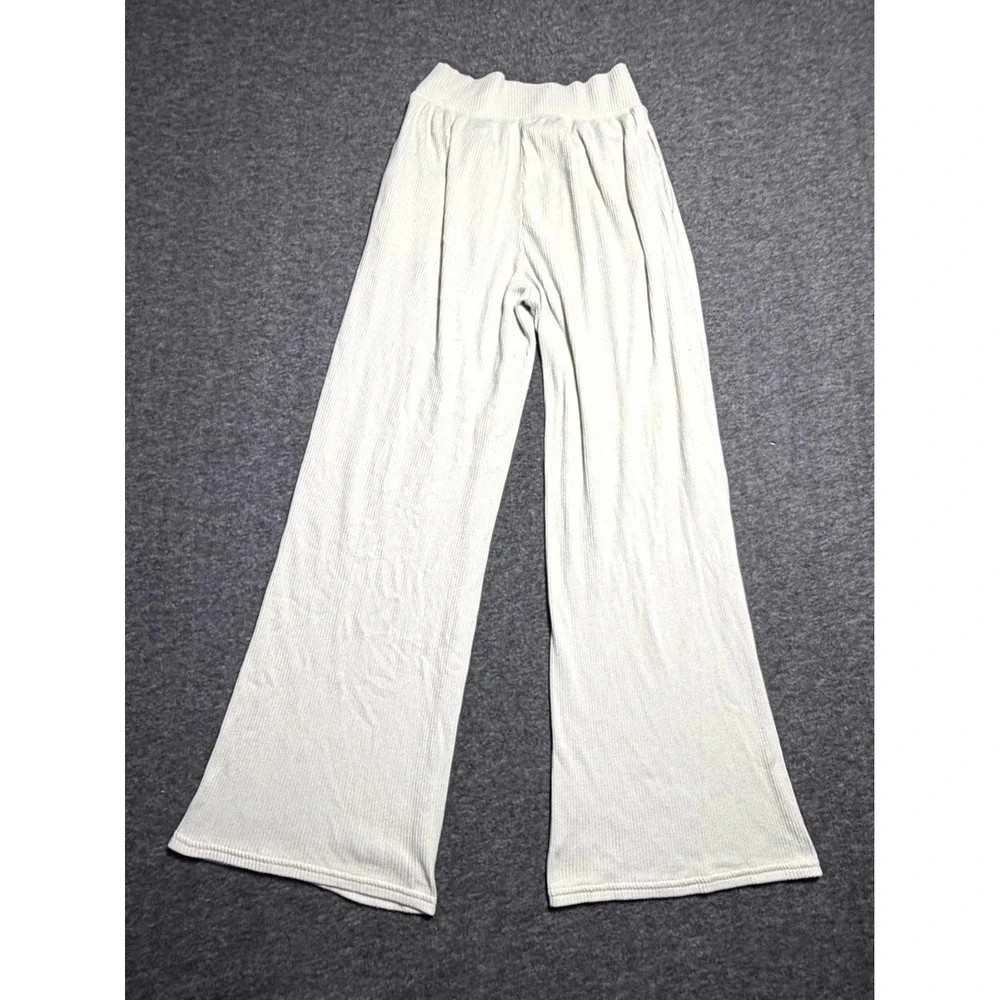 Hollister Sleep Pants Womens XS Beige Stretch Ribbed High Rise Cozy Wide Leg